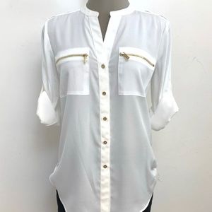 New Calvin Klein White Cream Roll Sleeve Women's Shirt Gold Deco size M
